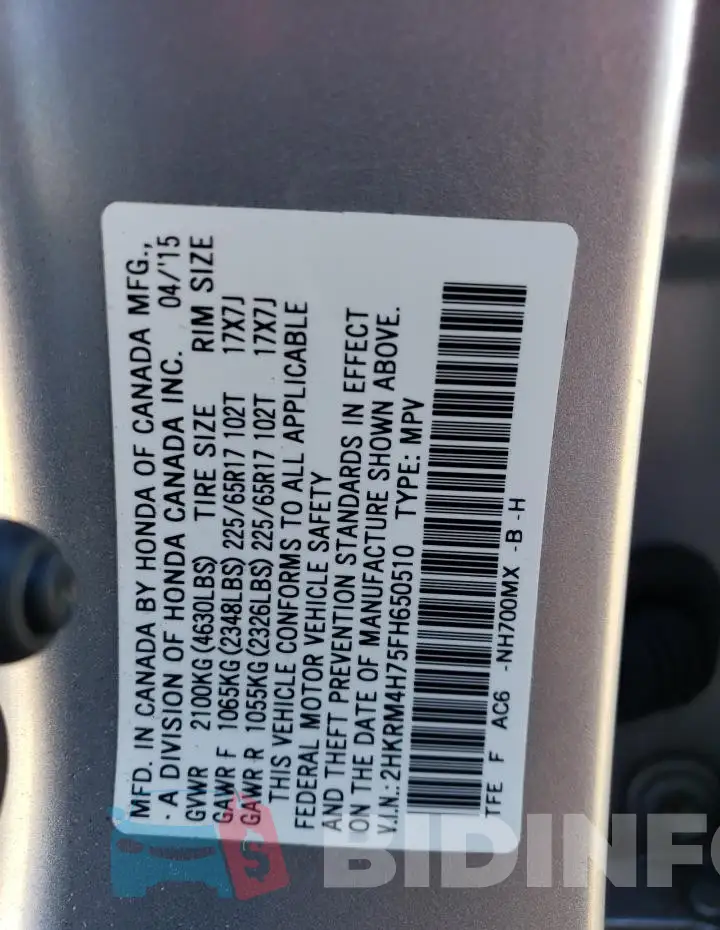 2HKRM4H75FH650510 Photo# 13