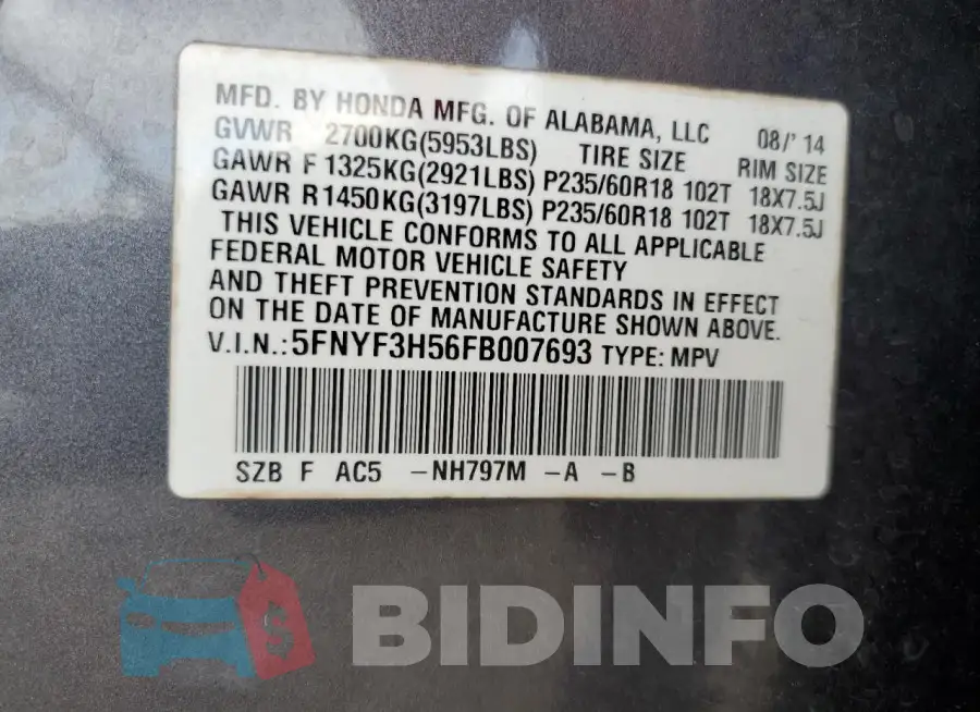 5FNYF3H56FB007693 Photo# 14