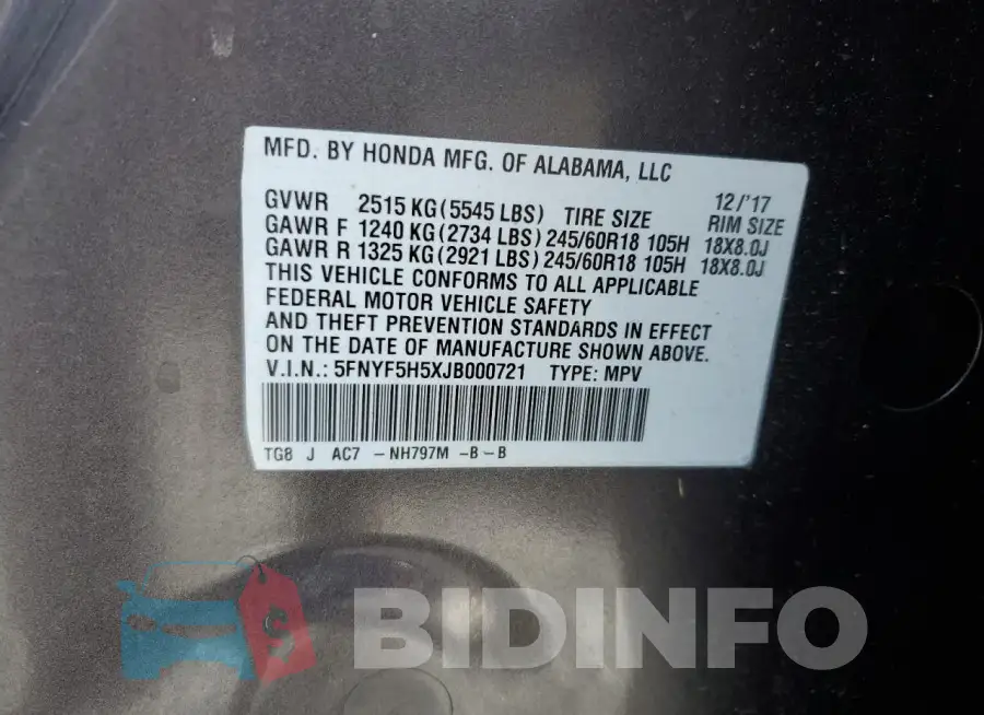 5FNYF5H5XJB000721 Photo# 13