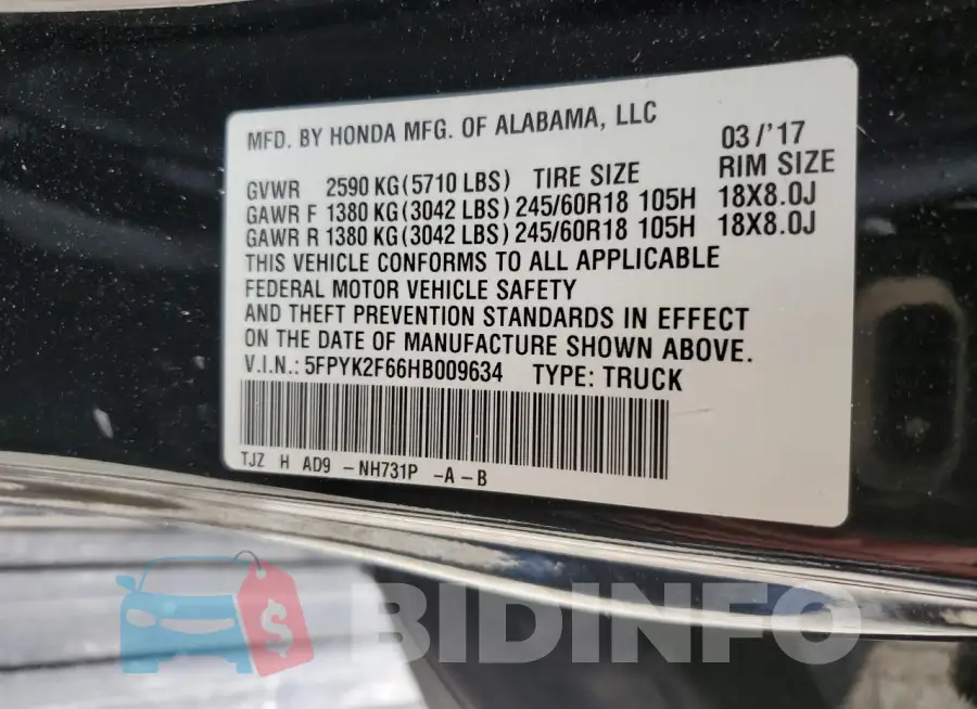 5FPYK2F66HB009634 Photo# 13