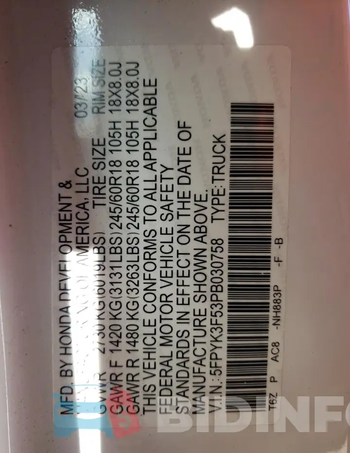5FPYK3F53PB030758 Photo# 12
