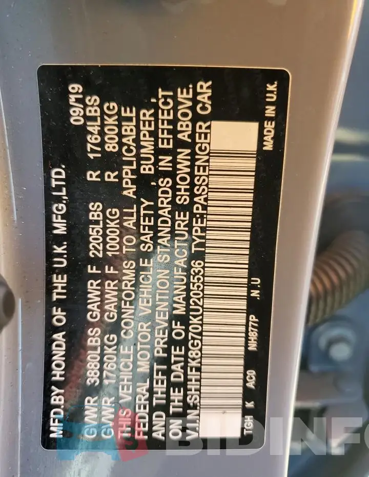 SHHFK8G70KU205536 Photo# 12