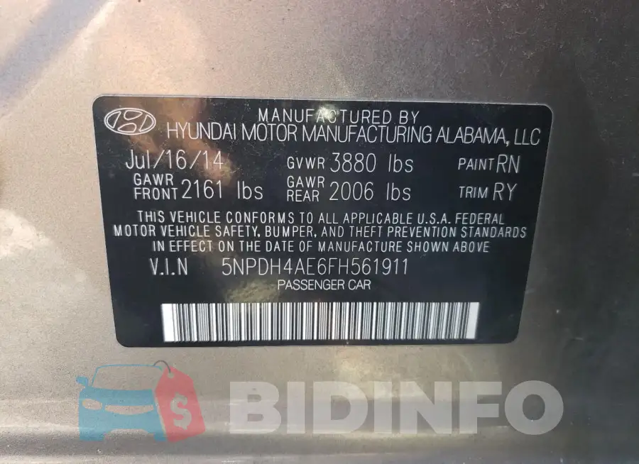 5NPDH4AE6FH561911 Photo# 12