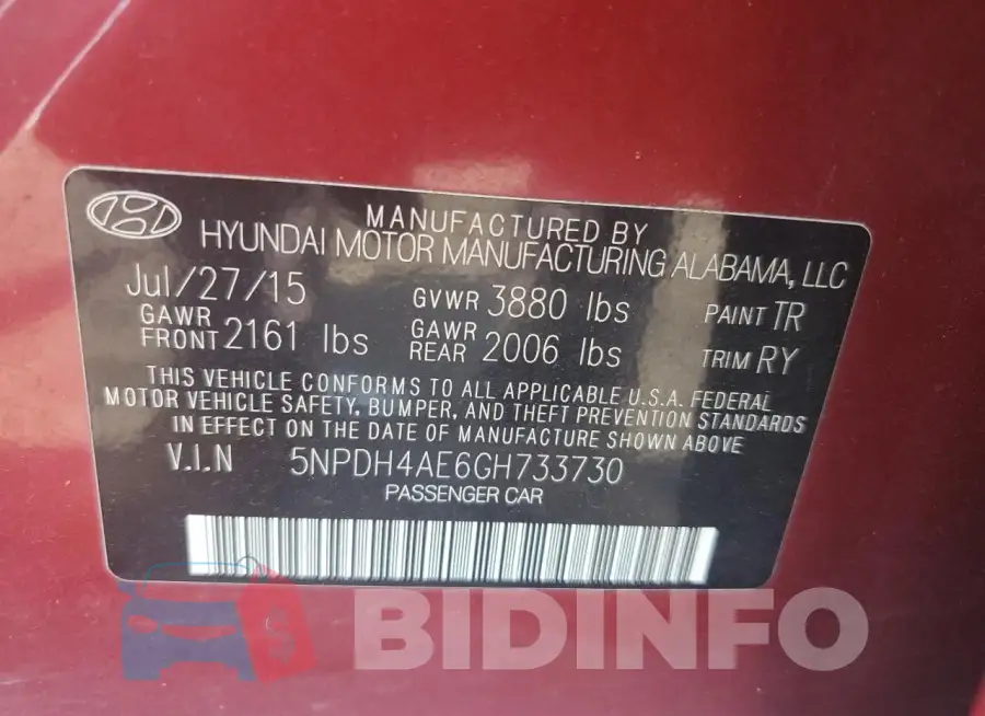 5NPDH4AE6GH733730 Photo# 12