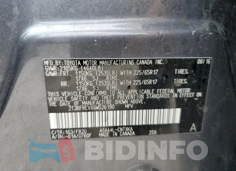 2T3BFREVXGW526190 Photo# 13