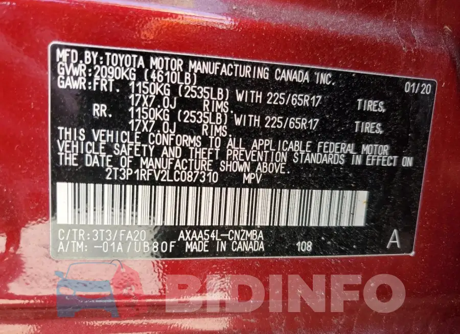2T3P1RFV2LC087310 Photo# 13