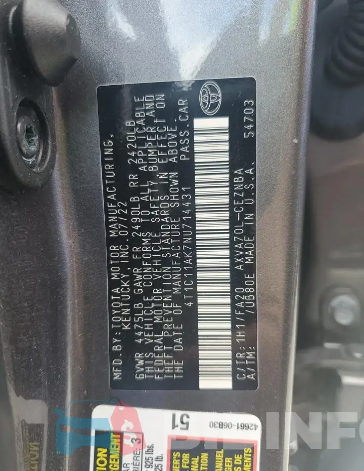 4T1C11AK7NU714431 Photo# 12