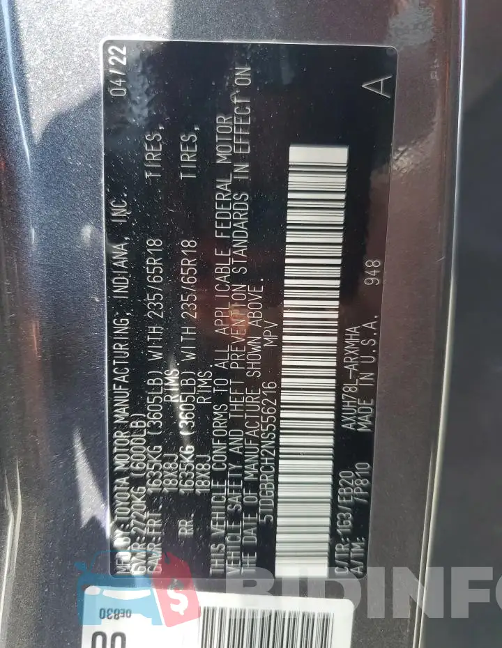 5TDGBRCH2NS556216 Photo# 13