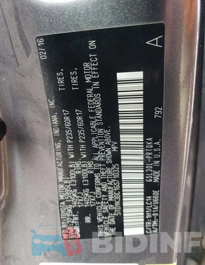 5TDYK3DC1GS710325 Photo# 14