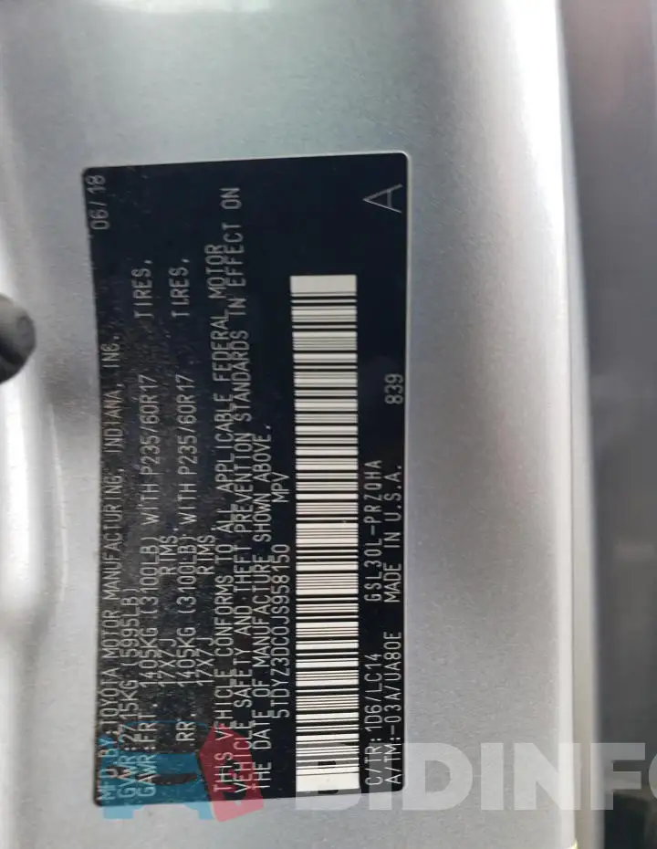5TDYZ3DC0JS958150 Photo# 13