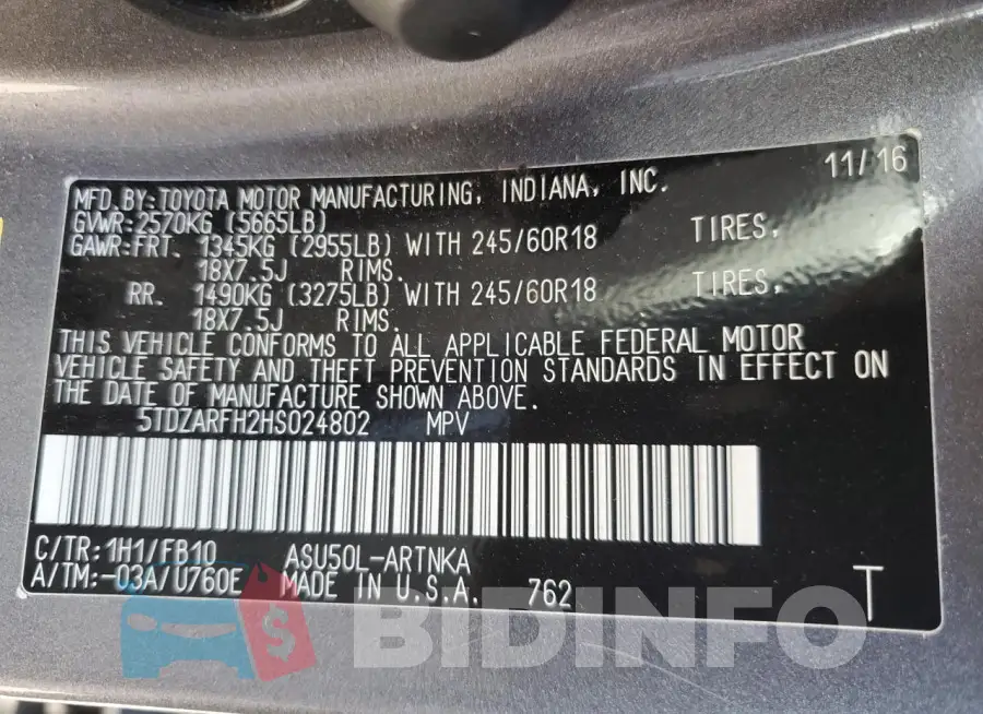5TDZARFH2HS024802 Photo# 13