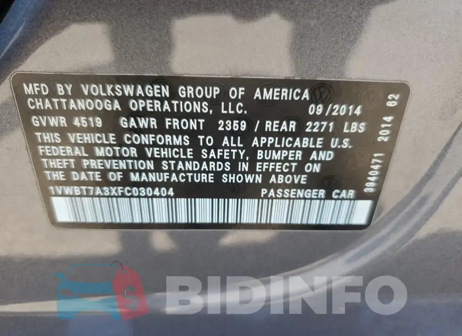 1VWBT7A3XFC030404 Photo# 12