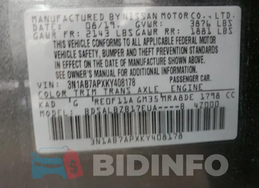 3N1AB7APXKY408178 Photo# 13