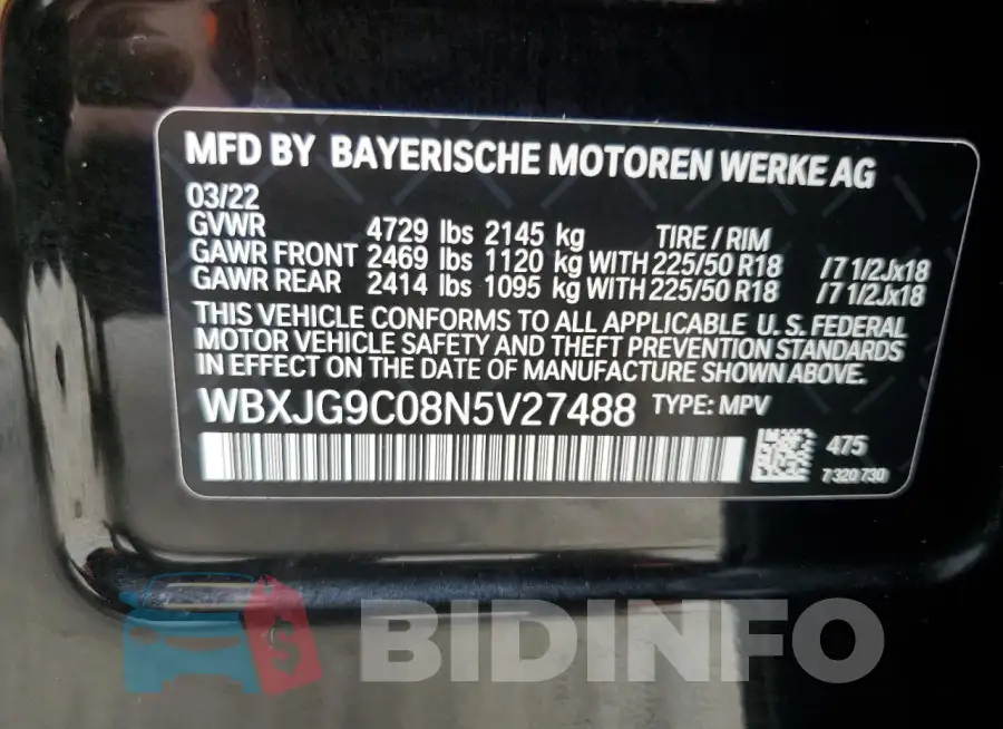 WBXJG9C08N5V27488 Photo# 12