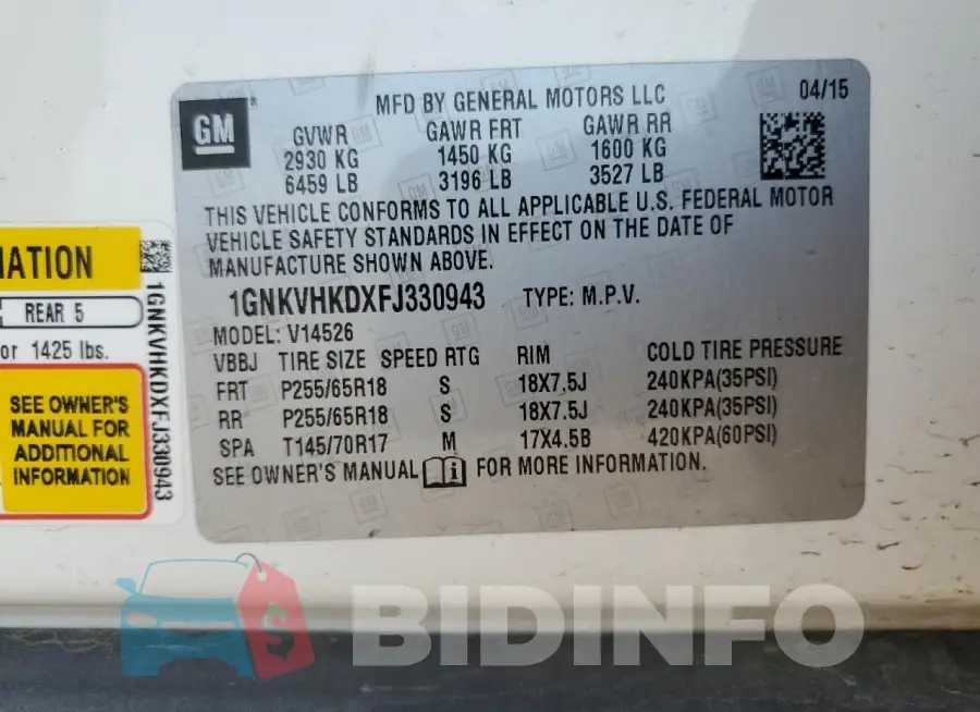 1GNKVHKDXFJ330943 Photo# 13