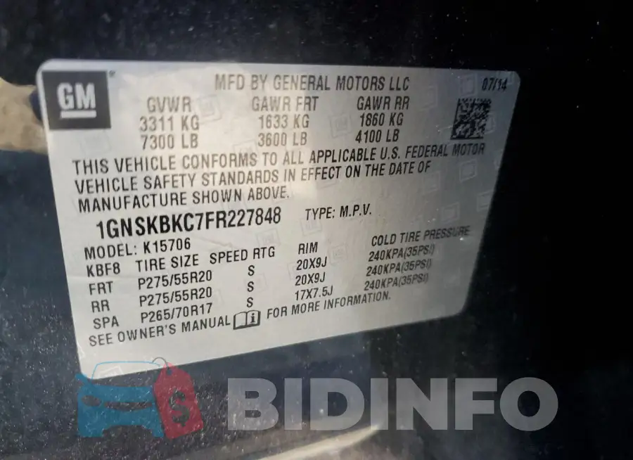 1GNSKBKC7FR227848 Photo# 13