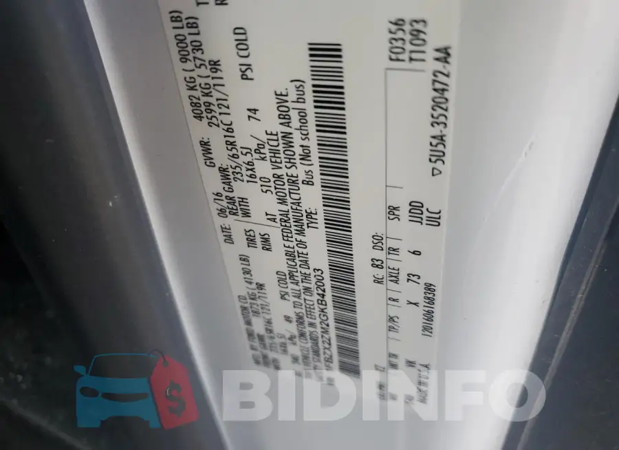 1FBZX2ZM2GKB42003 Photo# 12
