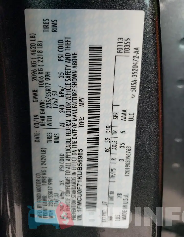 1FMCU0F71KUB56965 Photo# 13