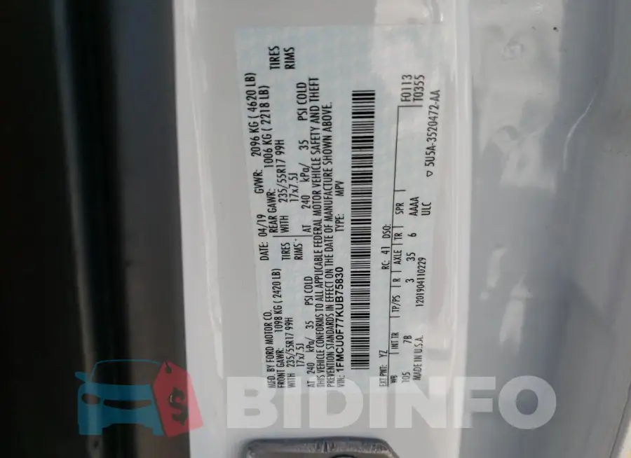 1FMCU0F77KUB75830 Photo# 13