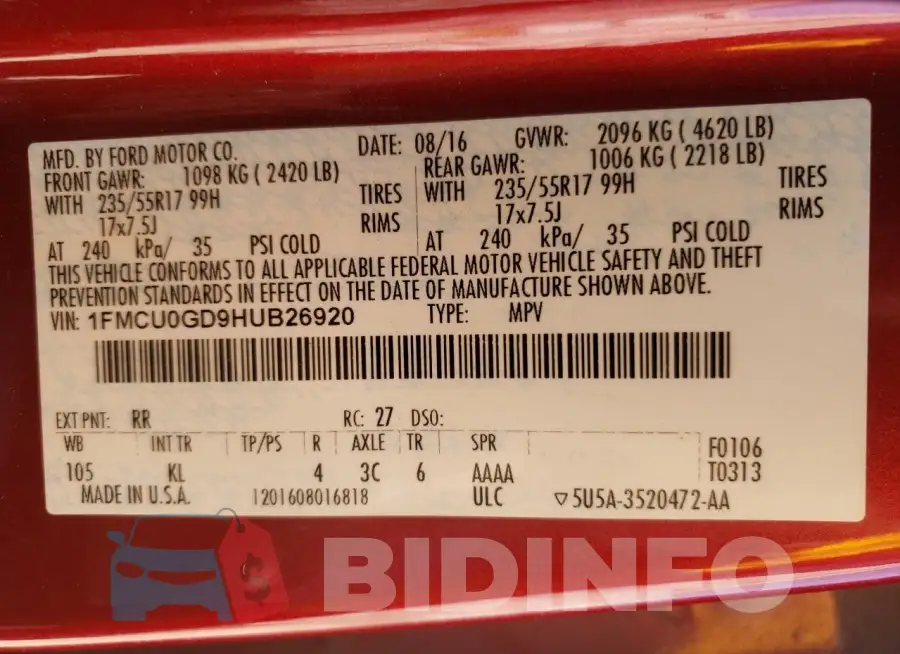 1FMCU0GD9HUB26920 Photo# 13