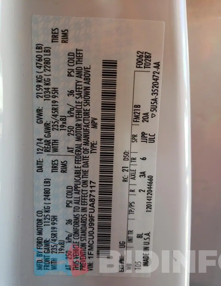 1FMCU0J99FUA87117 Photo# 13
