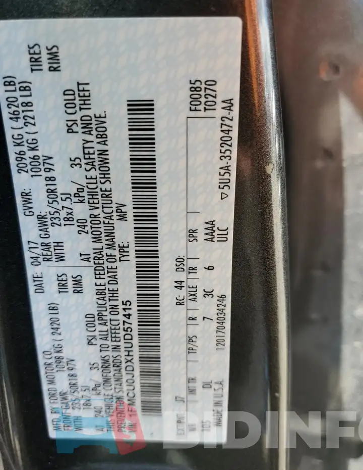 1FMCU0JDXHUD57415 Photo# 13