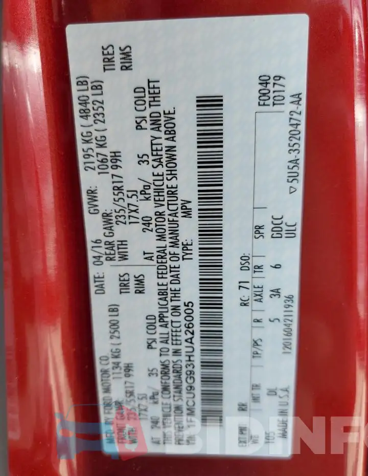1FMCU9G93HUA26005 Photo# 13