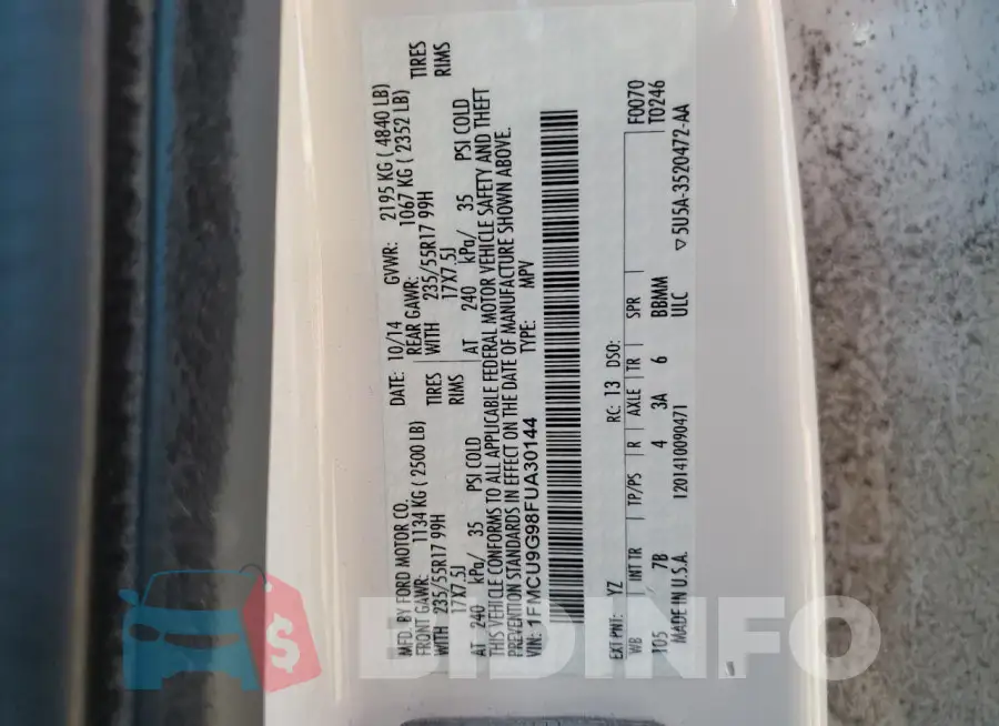 1FMCU9G98FUA30144 Photo# 13
