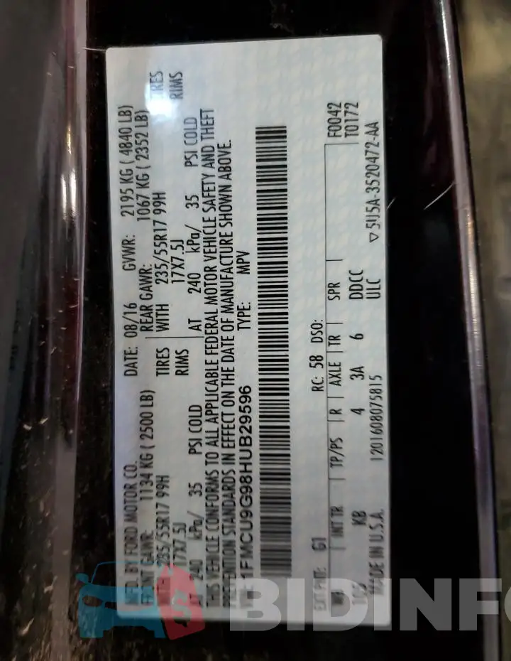 1FMCU9G98HUB29596 Photo# 13