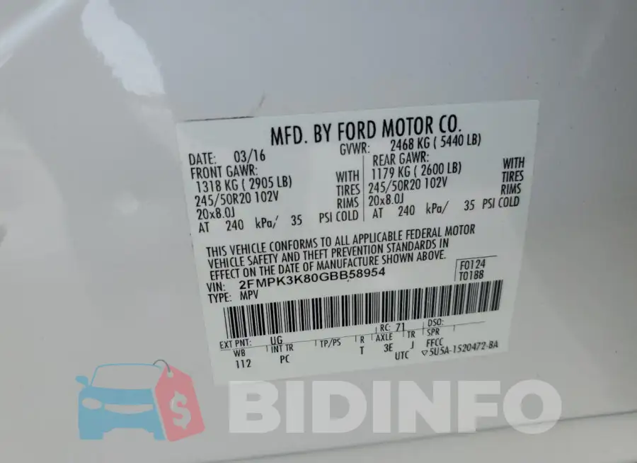 2FMPK3K80GBB58954 Photo# 13
