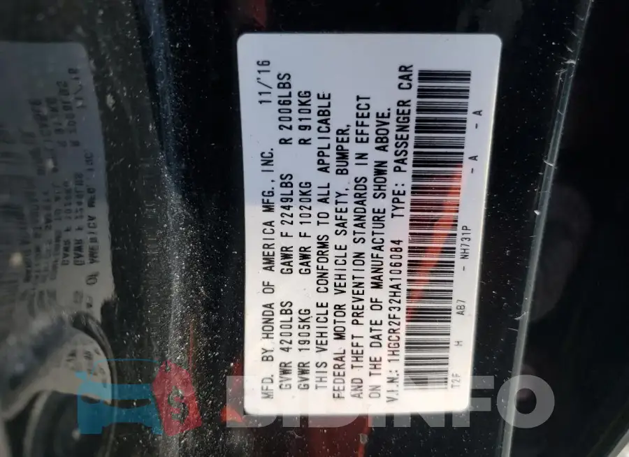 1HGCR2F32HA106084 Photo# 12