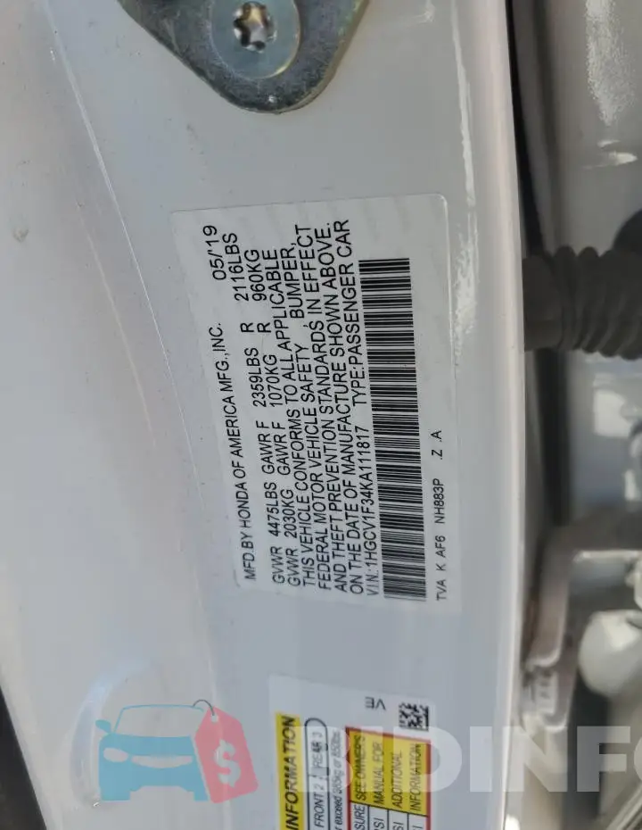 1HGCV1F34KA111817 Photo# 12