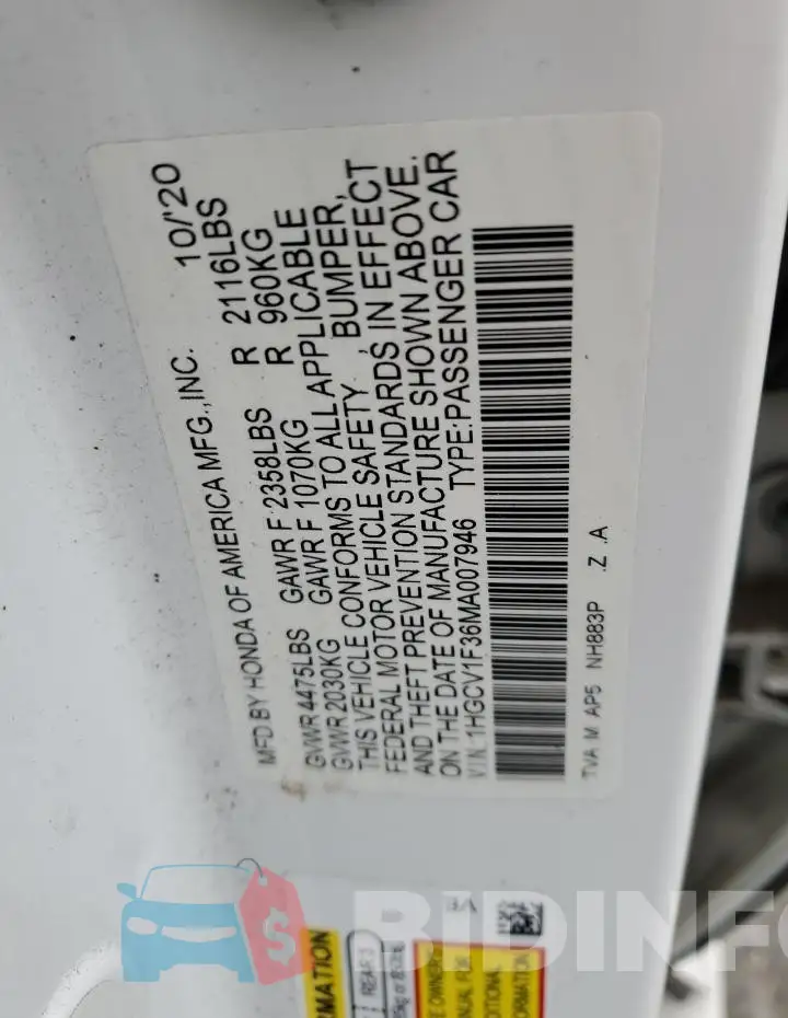 1HGCV1F36MA007946 Photo# 12