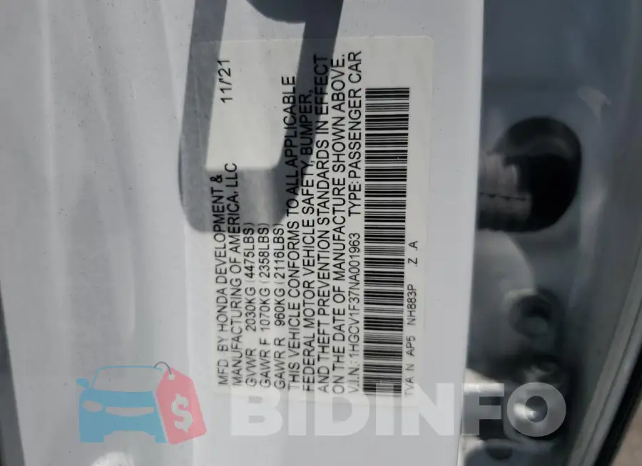 1HGCV1F37NA001963 Photo# 12