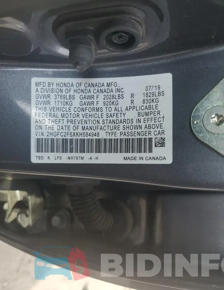2HGFC2F6XKH584948 Photo# 12