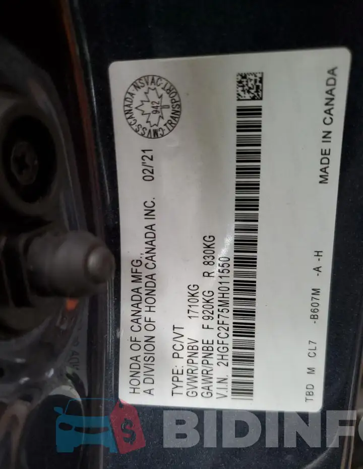2HGFC2F75MH011550 Photo# 12