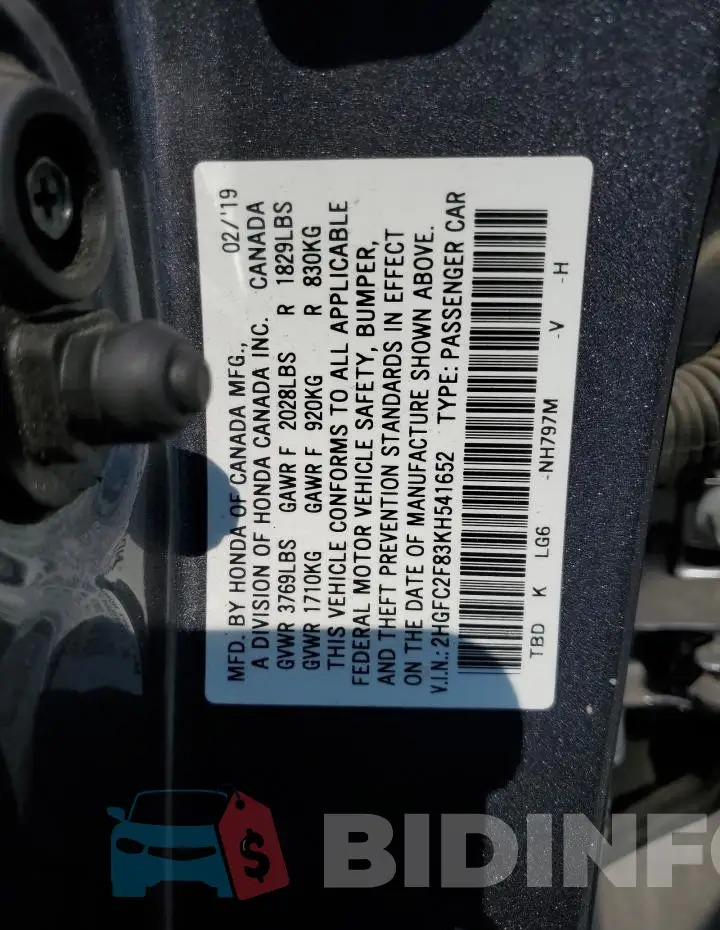 2HGFC2F83KH541652 Photo# 12