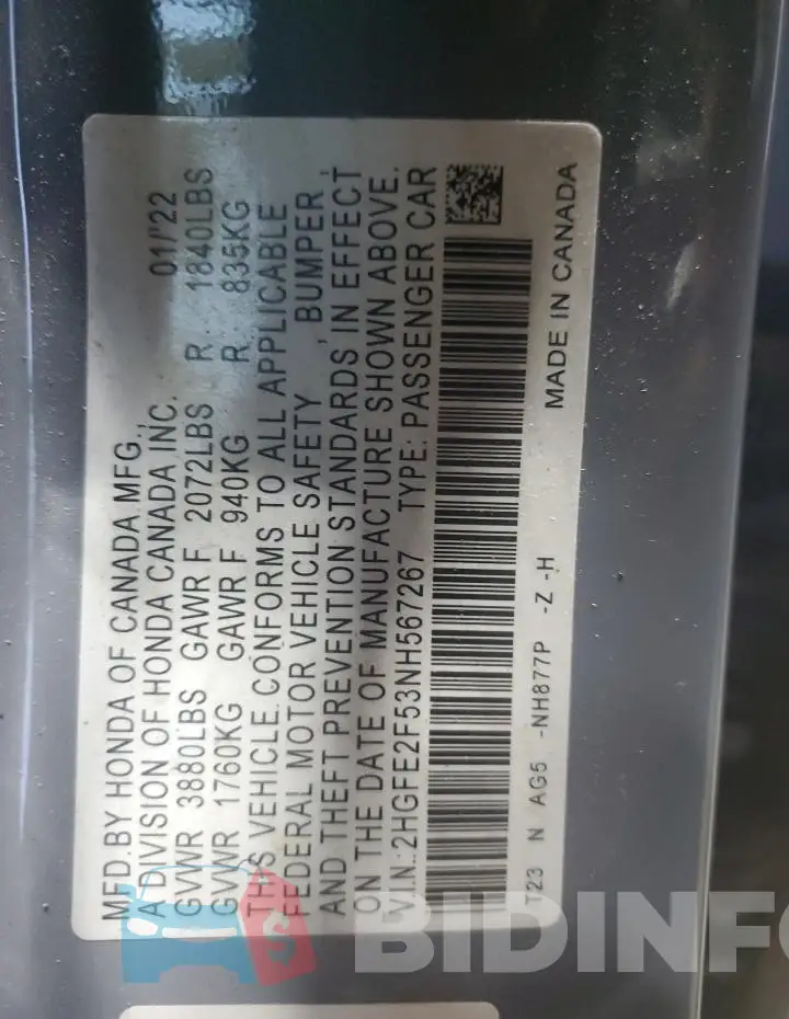 2HGFE2F53NH567267 Photo# 12