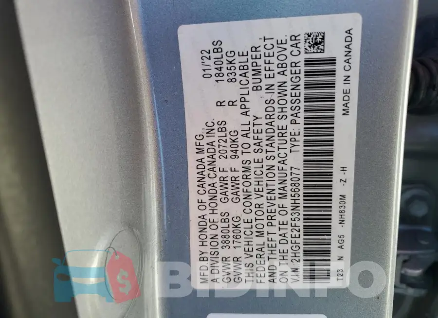 2HGFE2F53NH568077 Photo# 12