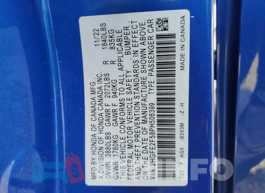 2HGFE2F58PH506399 Photo# 13