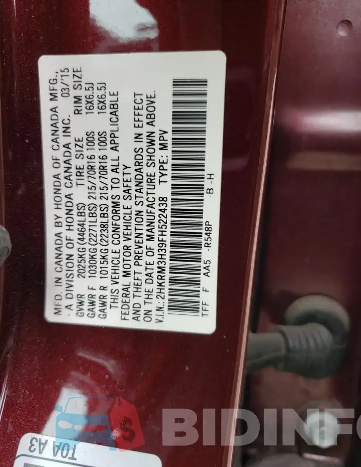 2HKRM3H39FH522438 Photo# 12