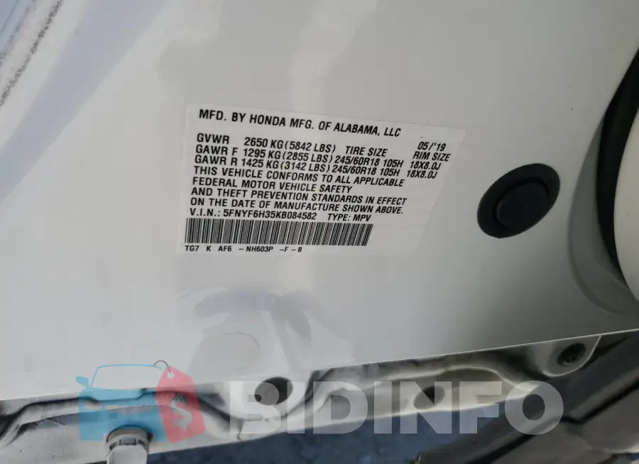 5FNYF6H35KB084582 Photo# 14