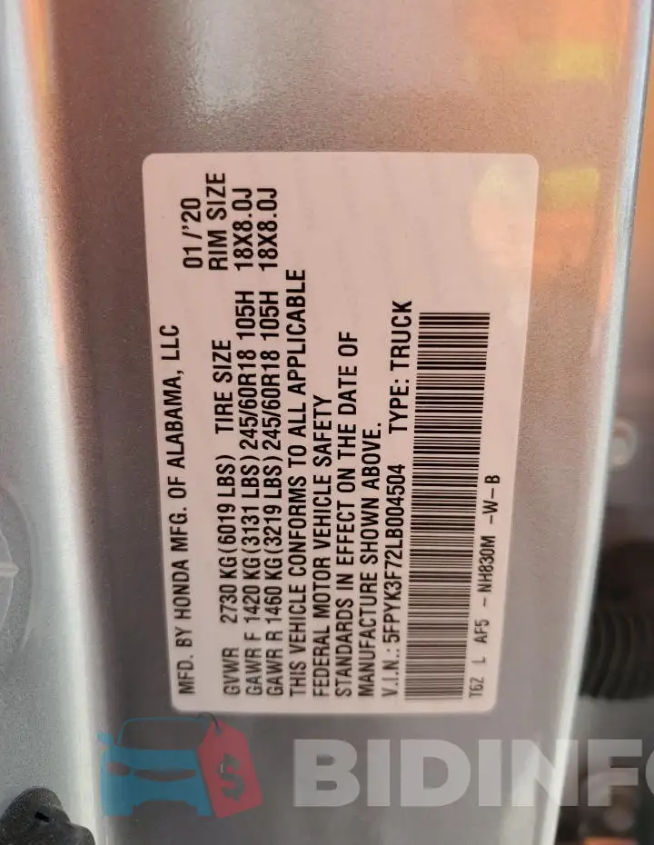 5FPYK3F72LB004504 Photo# 12