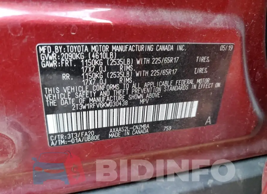 2T3W1RFV6KW030438 Photo# 13