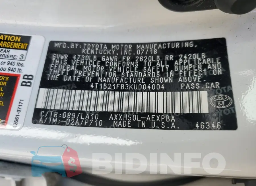 4T1B21FB3KU004004 Photo# 12