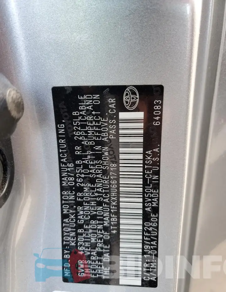 4T1BF1FKXHU661718 Photo# 12