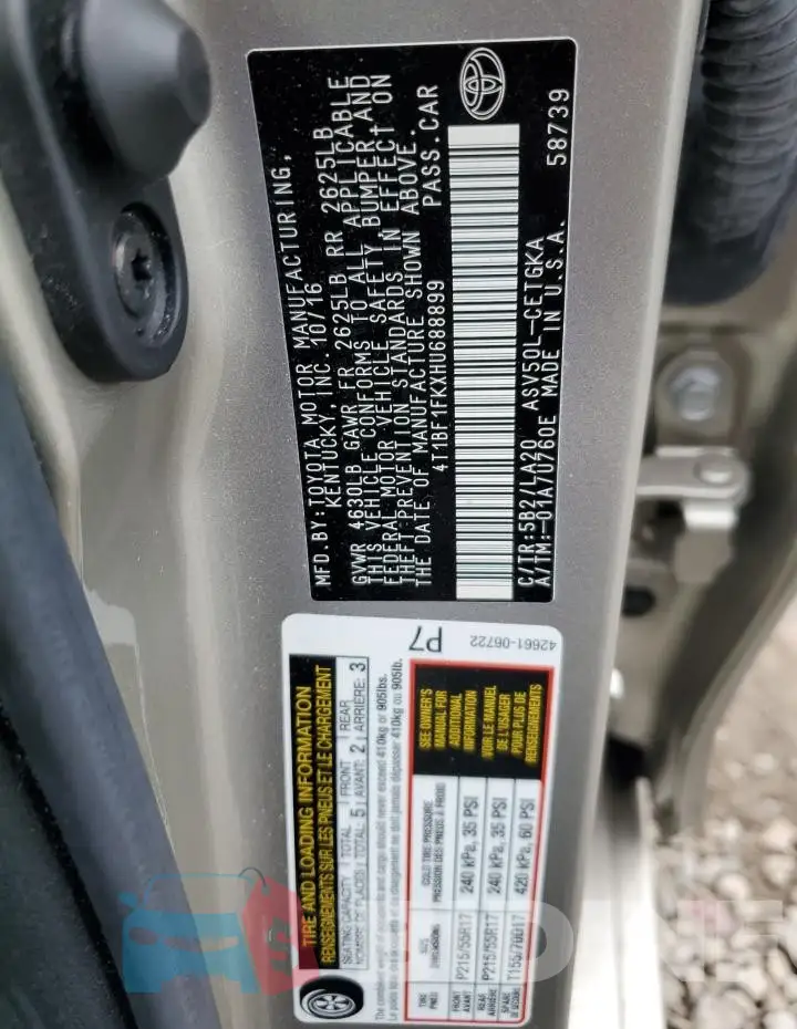 4T1BF1FKXHU688899 Photo# 13