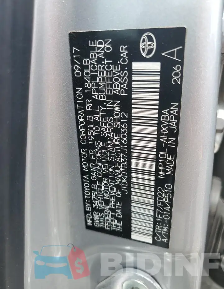 JTDKDTB37J1603612 Photo# 12