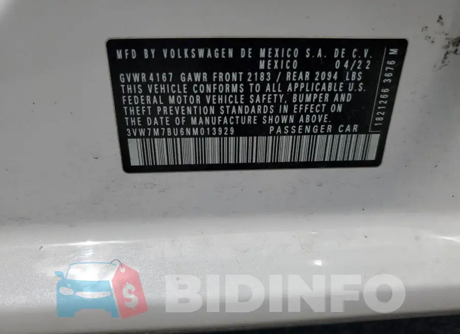 3VW7M7BU6NM013929 Photo# 12