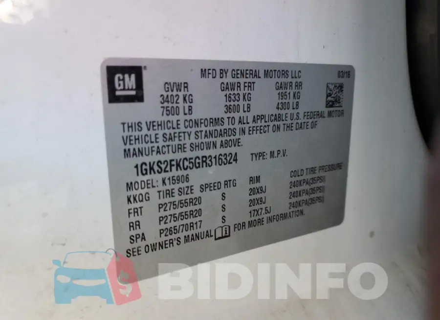 1GKS2FKC5GR316324 Photo# 13